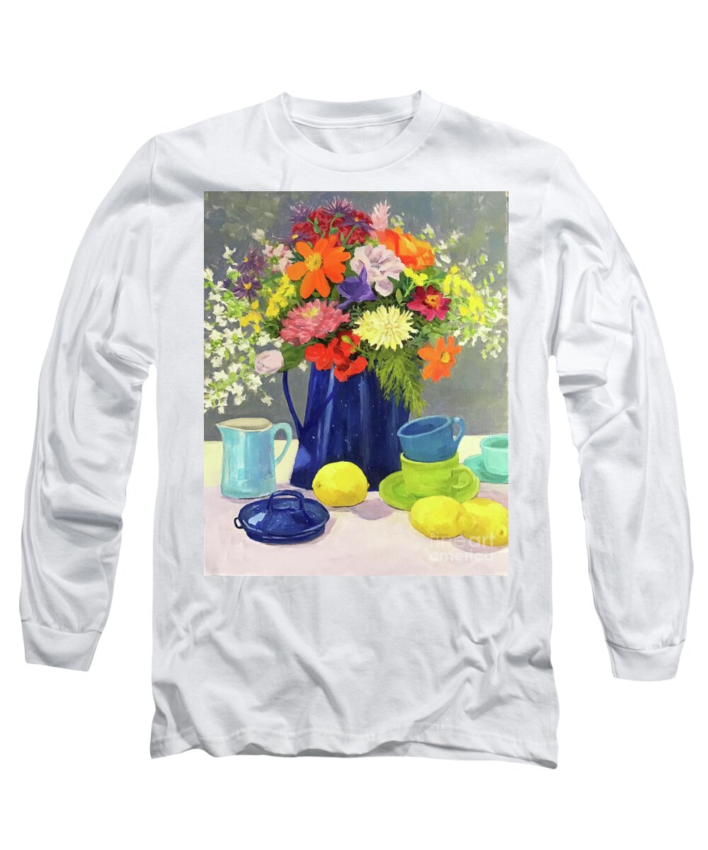 Blue Long Sleeve T-Shirt featuring the painting Blue Coffeepot Bouquet by Anne Marie Brown