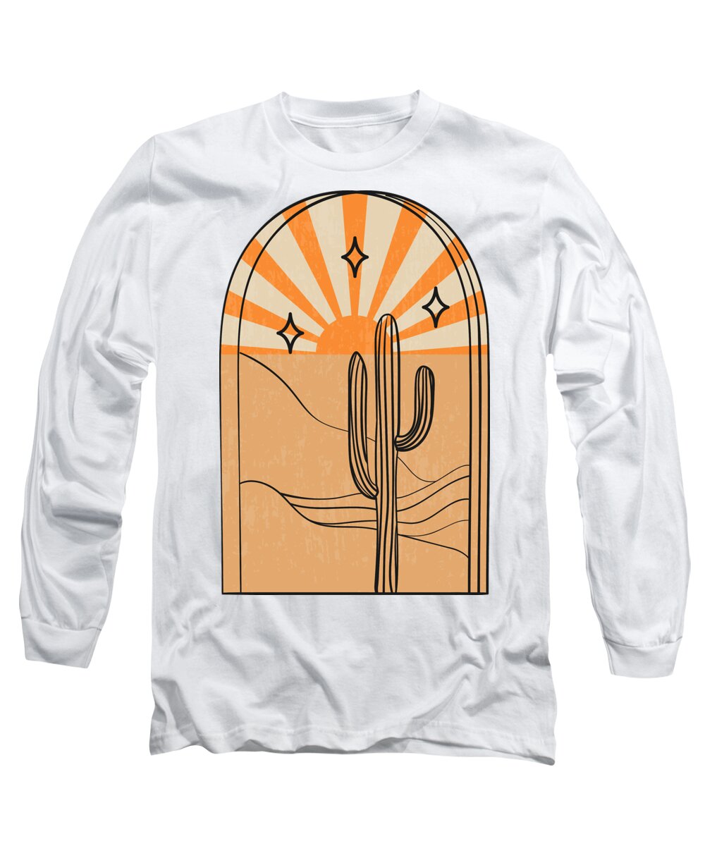 Boho Long Sleeve T-Shirt featuring the drawing Bohemian modern arch collection, sunset cactus landscape, No 01 by Mounir Khalfouf