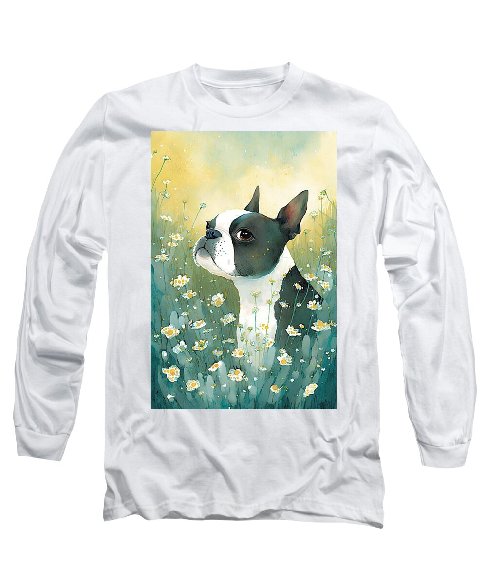 Boston Terrier Long Sleeve T-Shirt featuring the digital art Boston Terrier in a flower field3 by Debbie Brown