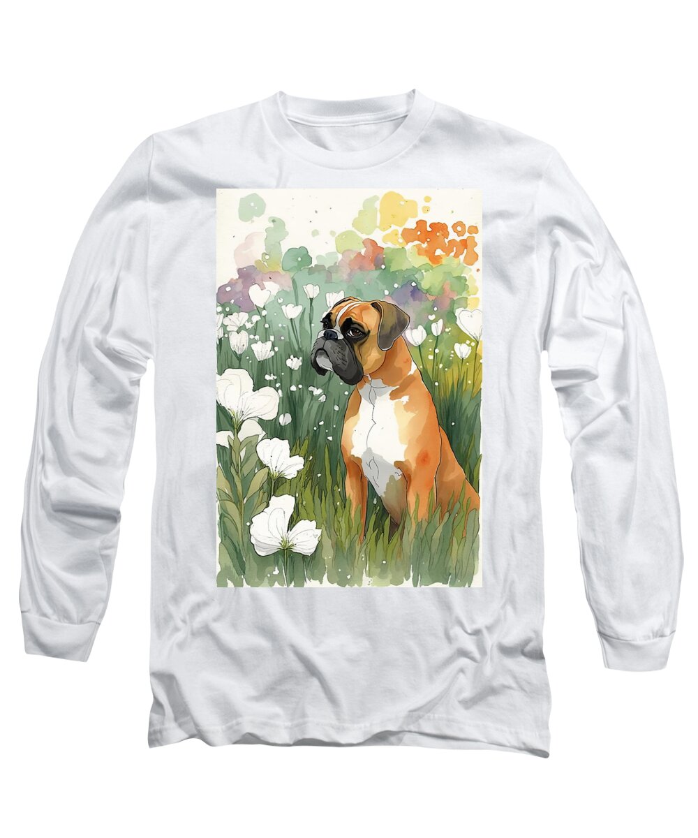 Boxer Long Sleeve T-Shirt featuring the digital art Boxer in a flower field 3 by Debbie Brown