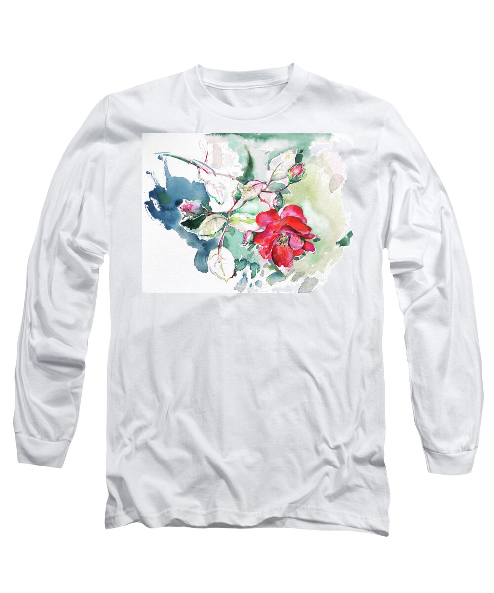 Rose Long Sleeve T-Shirt featuring the painting Branch of a rose bush by Katya Atanasova