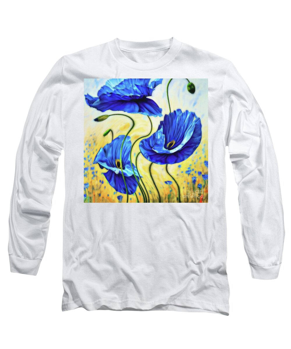 Blue Poppies Long Sleeve T-Shirt featuring the painting Breezy Blue Poppies 2 by Tina LeCour