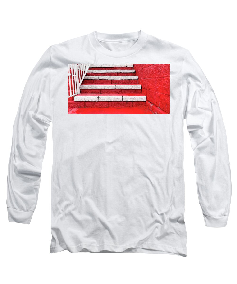 Steps Long Sleeve T-Shirt featuring the photograph Bright Red And White Stairs by Gary Slawsky