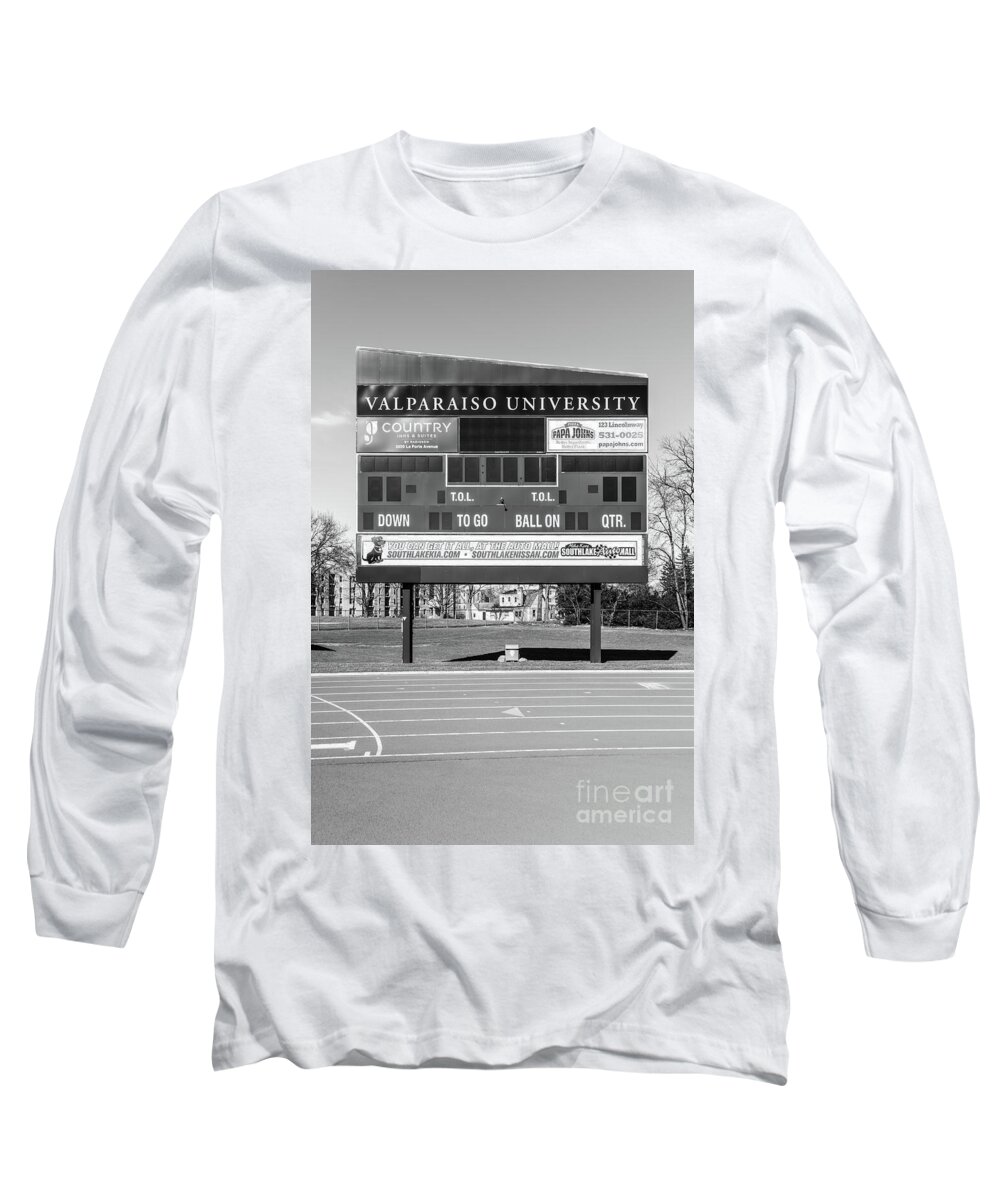  Long Sleeve T-Shirt featuring the photograph Brown Field Scoreboard Valparaiso University Black and White Pho by Paul Velgos