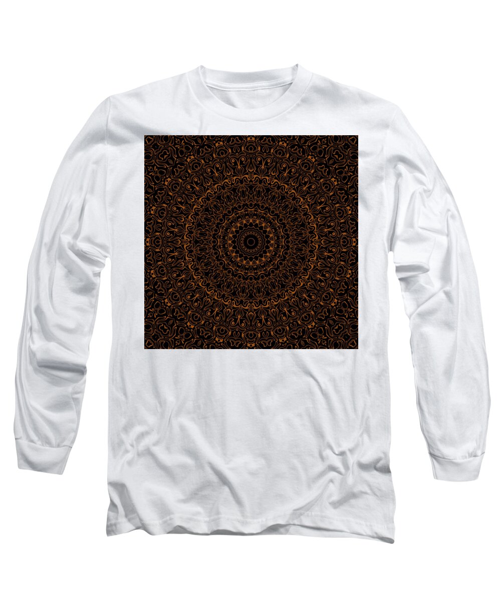 Brown Long Sleeve T-Shirt featuring the digital art Brown on Black Mandala Kaleidoscope Medallion Flower by Mercury McCutcheon