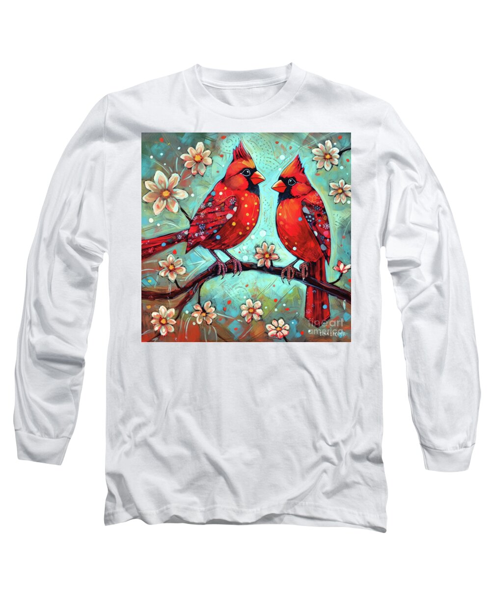 Cardinals Long Sleeve T-Shirt featuring the painting Cardinals In The Spring by Tina LeCour