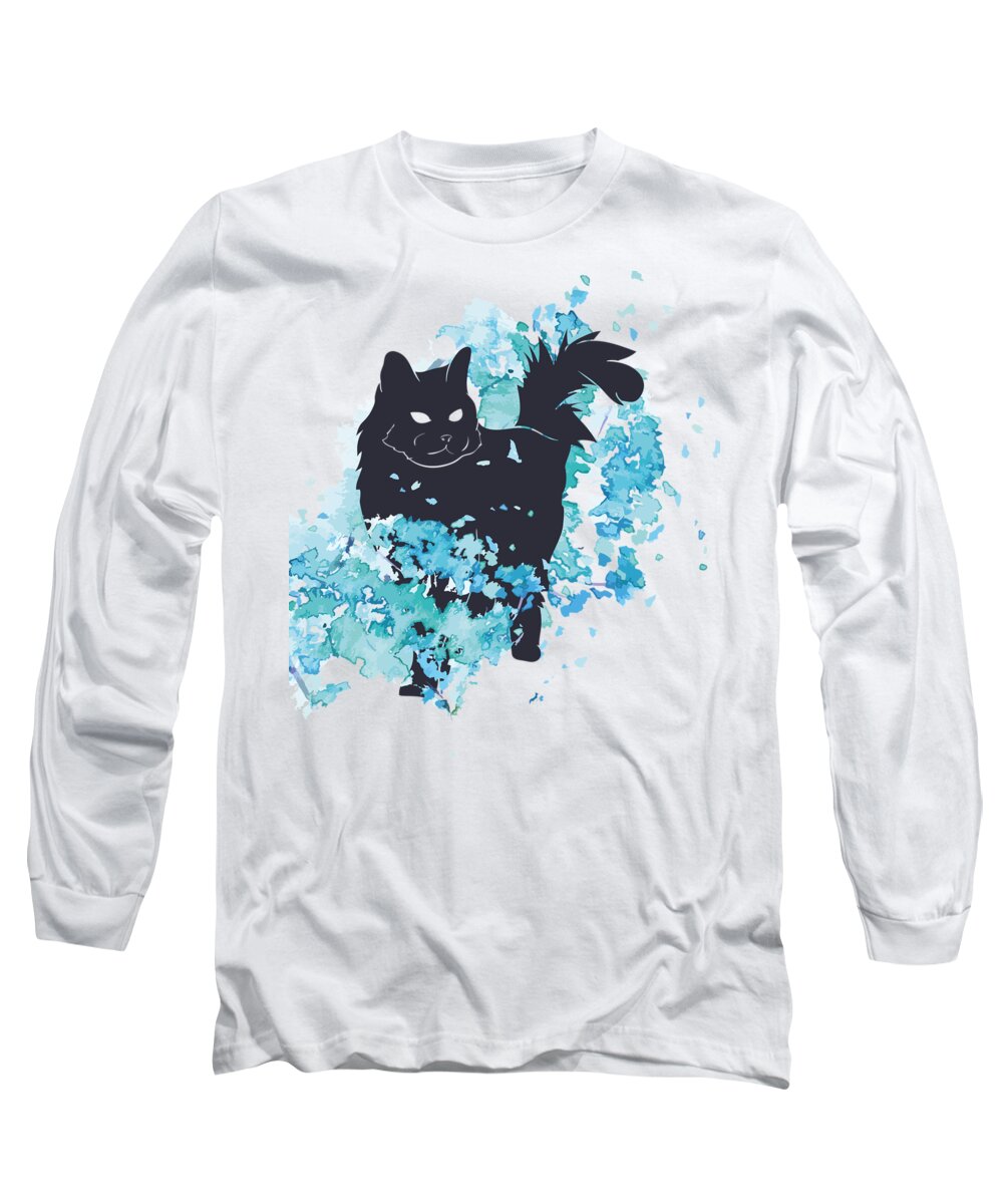 Cat Long Sleeve T-Shirt featuring the digital art Cat black and blue watercolor by Matthias Hauser
