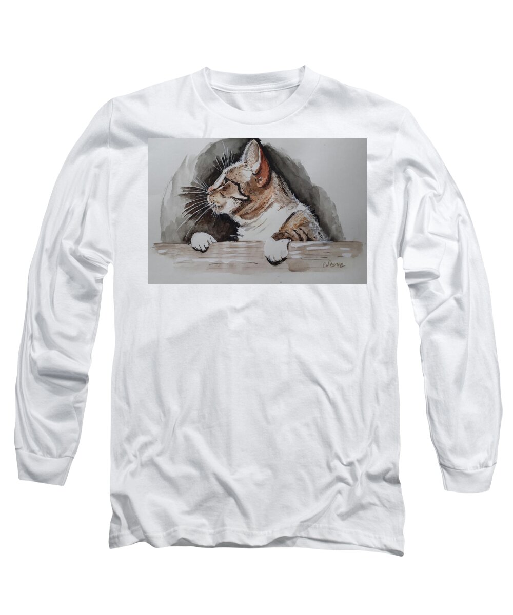 Cat Long Sleeve T-Shirt featuring the drawing Cat on the wall by Carolina Prieto Moreno