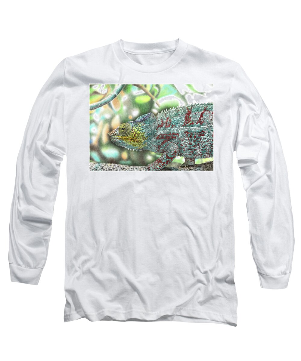 Chameleon Long Sleeve T-Shirt featuring the drawing Chameleon by Casey 'Remrov' Vormer