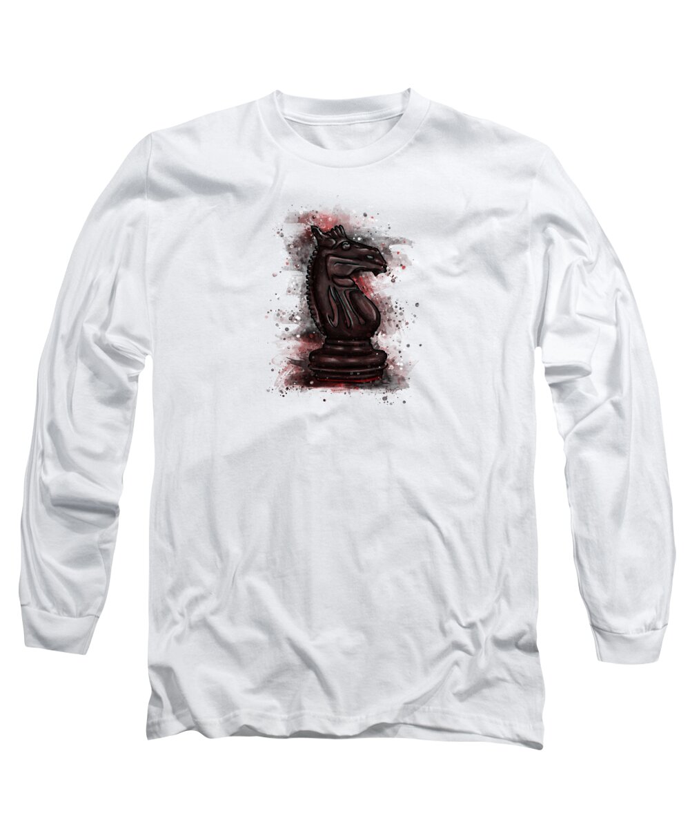 Chess Piece Long Sleeve T-Shirt featuring the painting Chess piece splatter art, black chess knight by Nadia CHEVREL