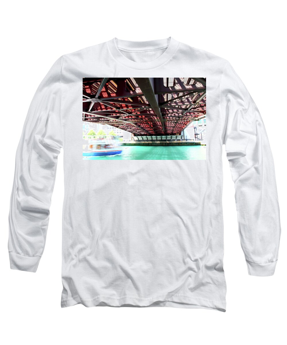 Architecture Long Sleeve T-Shirt featuring the photograph Chicago Riverwalk Columbus Bridge Boat by Patrick Malon