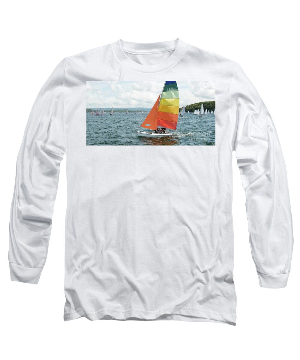 Csne26 Long Sleeve T-Shirt featuring the photograph Childern racing sailing a small catamaran sailboat with colourfu by Geoff Childs