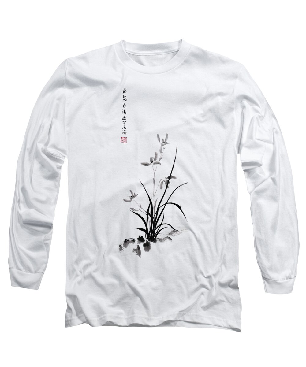 Iris Long Sleeve T-Shirt featuring the painting Chinese Iris - bw by Birgit Moldenhauer