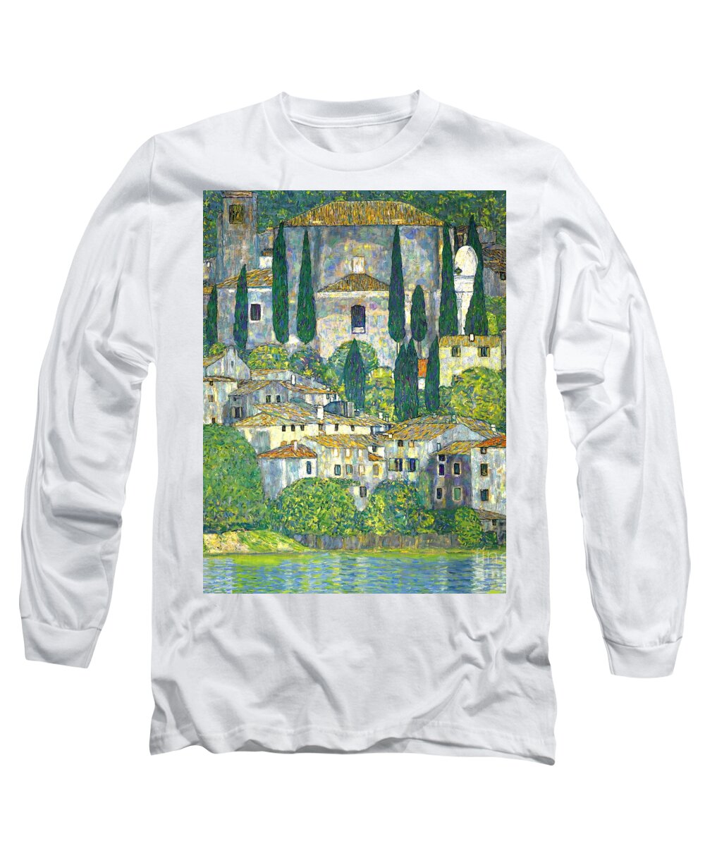 Church In Cassone Long Sleeve T-Shirt featuring the painting Church in Cassone. Landscape with Cypress by Gustav Klimt