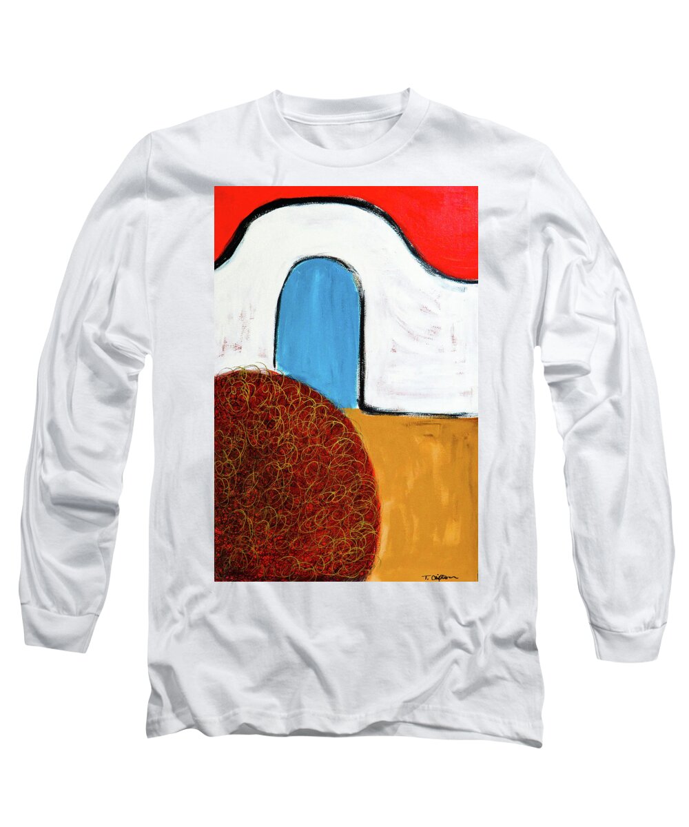 Adobe Wall Long Sleeve T-Shirt featuring the painting Church wall with tumbleweed by Ted Clifton