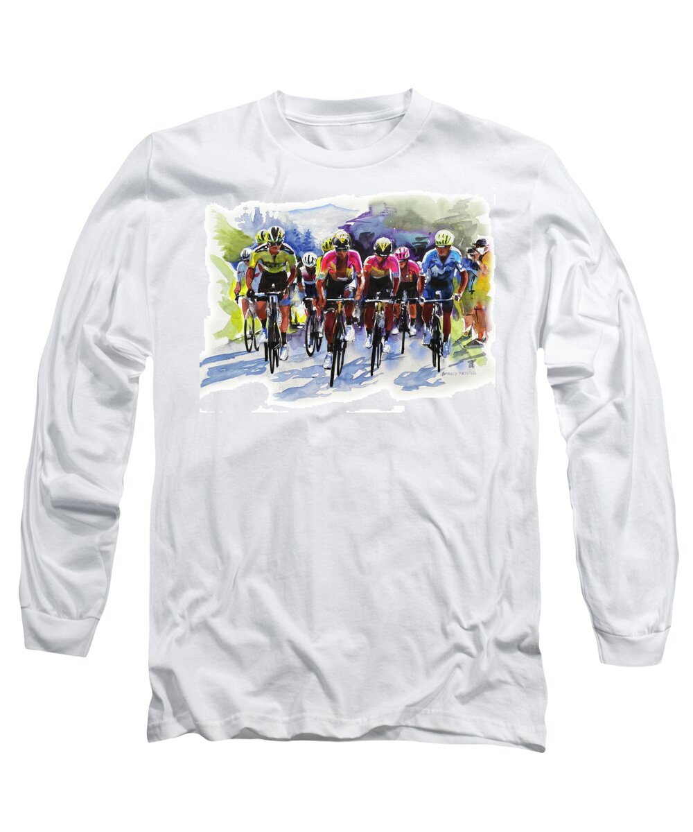 Letour Long Sleeve T-Shirt featuring the painting Climbing Forever The Yellow Jersey Group by Shirley Peters