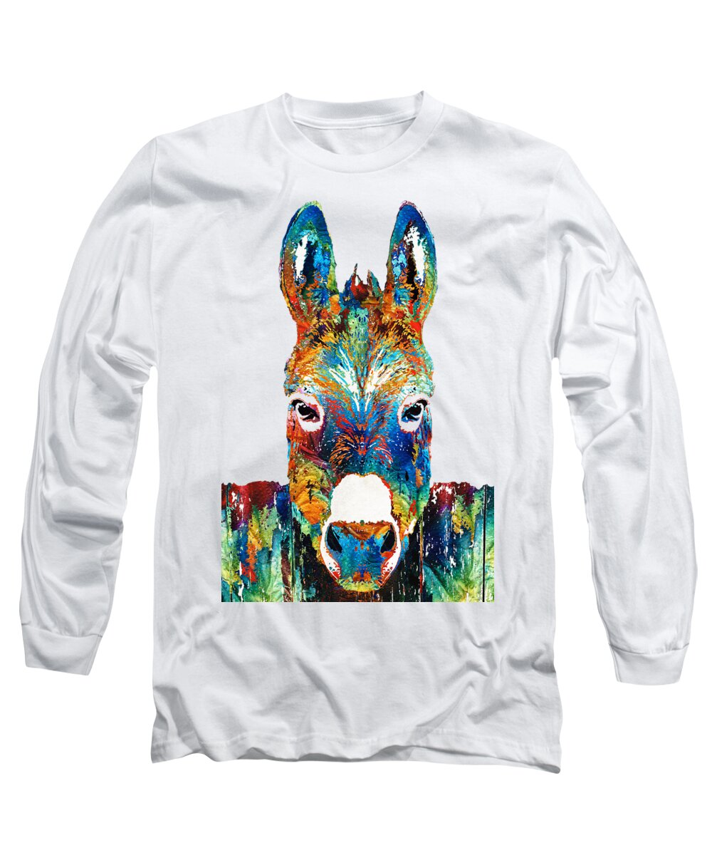 Donkey Long Sleeve T-Shirt featuring the painting Colorful Donkey Art - Mr. Personality - By Sharon Cummings by Sharon Cummings