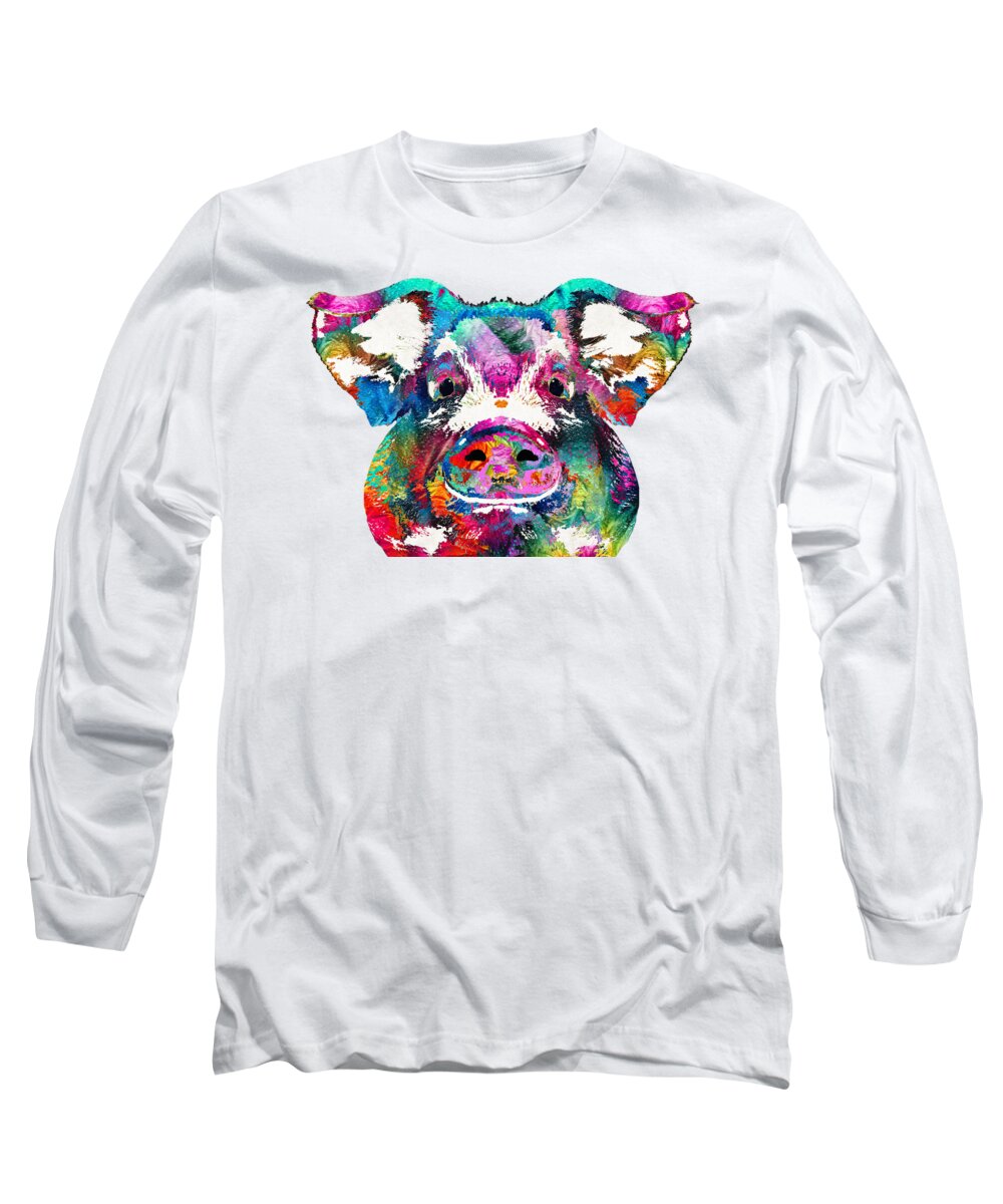 Pig Long Sleeve T-Shirt featuring the painting Colorful Pig Art - Squeal Appeal - By Sharon Cummings by Sharon Cummings