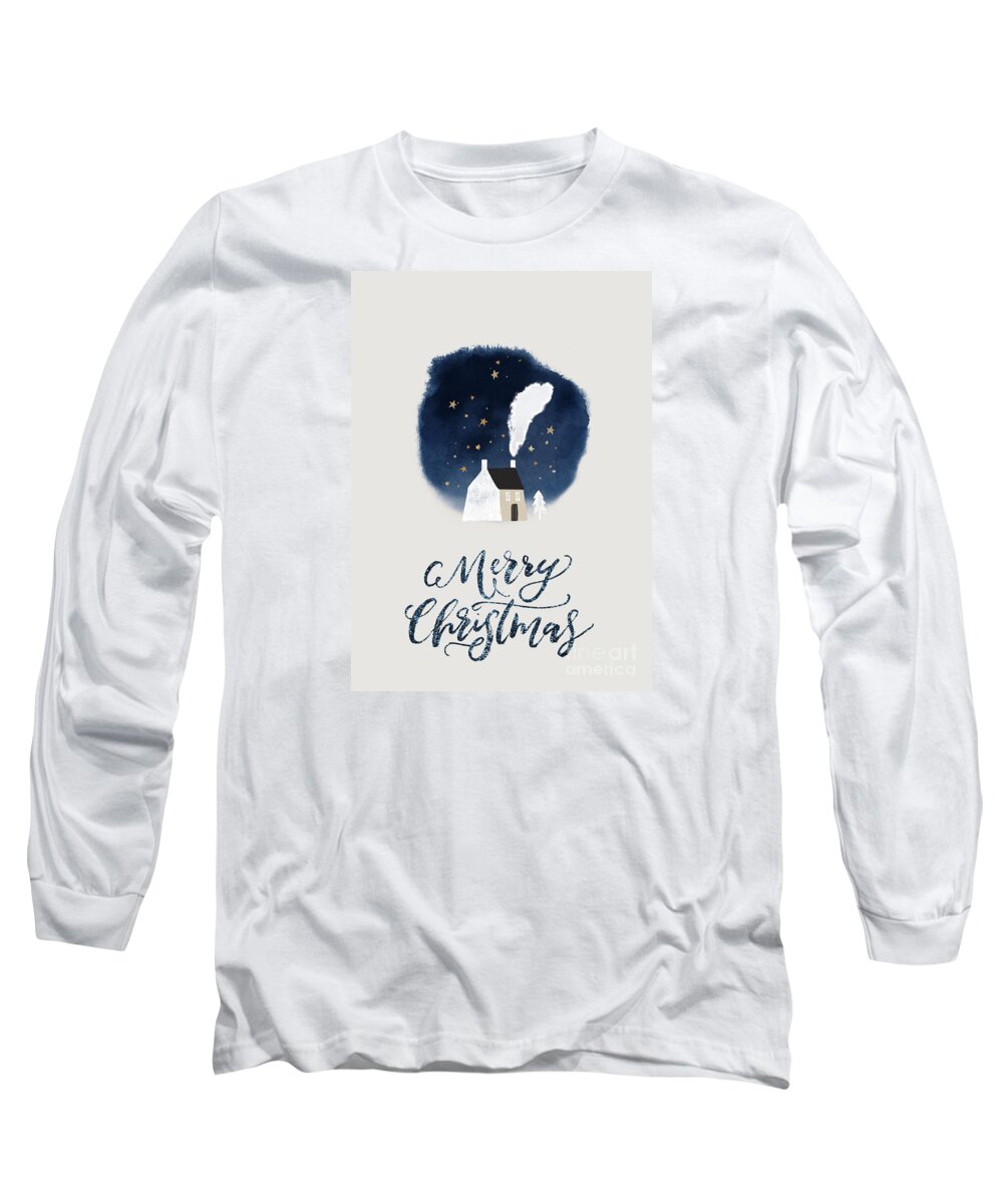 Cozy Winter Night Long Sleeve T-Shirt featuring the painting Cozy Winter Night Watercolor Art Christmas Holiday by Modern Art