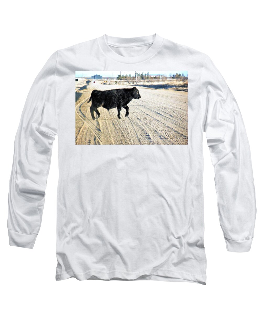 Cattle Long Sleeve T-Shirt featuring the photograph Crossing The Road by Clarice Lakota