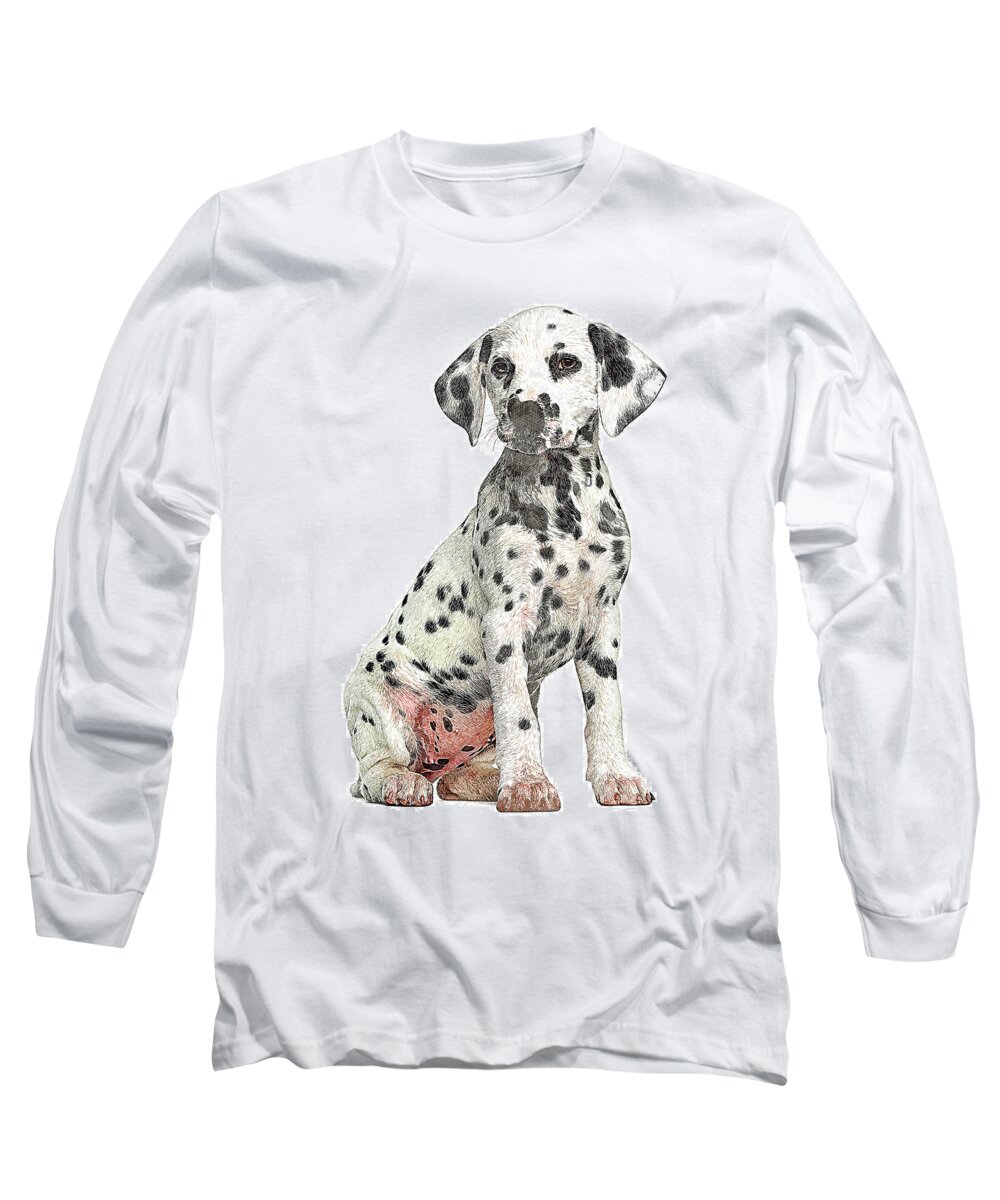 Dalmation Long Sleeve T-Shirt featuring the painting Cute but Savage, Young Dalmation Dog by Custom Pet Portrait Art Studio