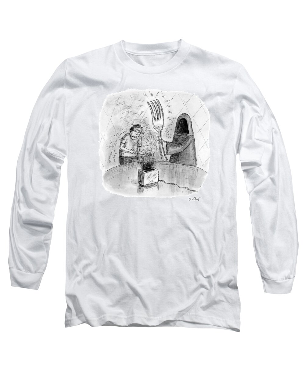 Captionless Long Sleeve T-Shirt featuring the drawing Death Fork by Roz Chast