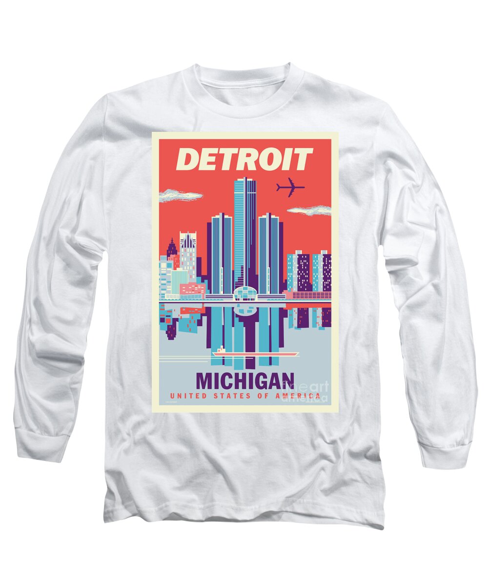 #faatoppicks Long Sleeve T-Shirt featuring the digital art Detroit - Vintage Travel Poster by Jim Zahniser
