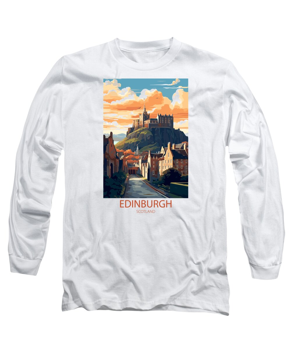 Famous Places Long Sleeve T-Shirt featuring the mixed media Edinburgh Scotland by Travel Posters