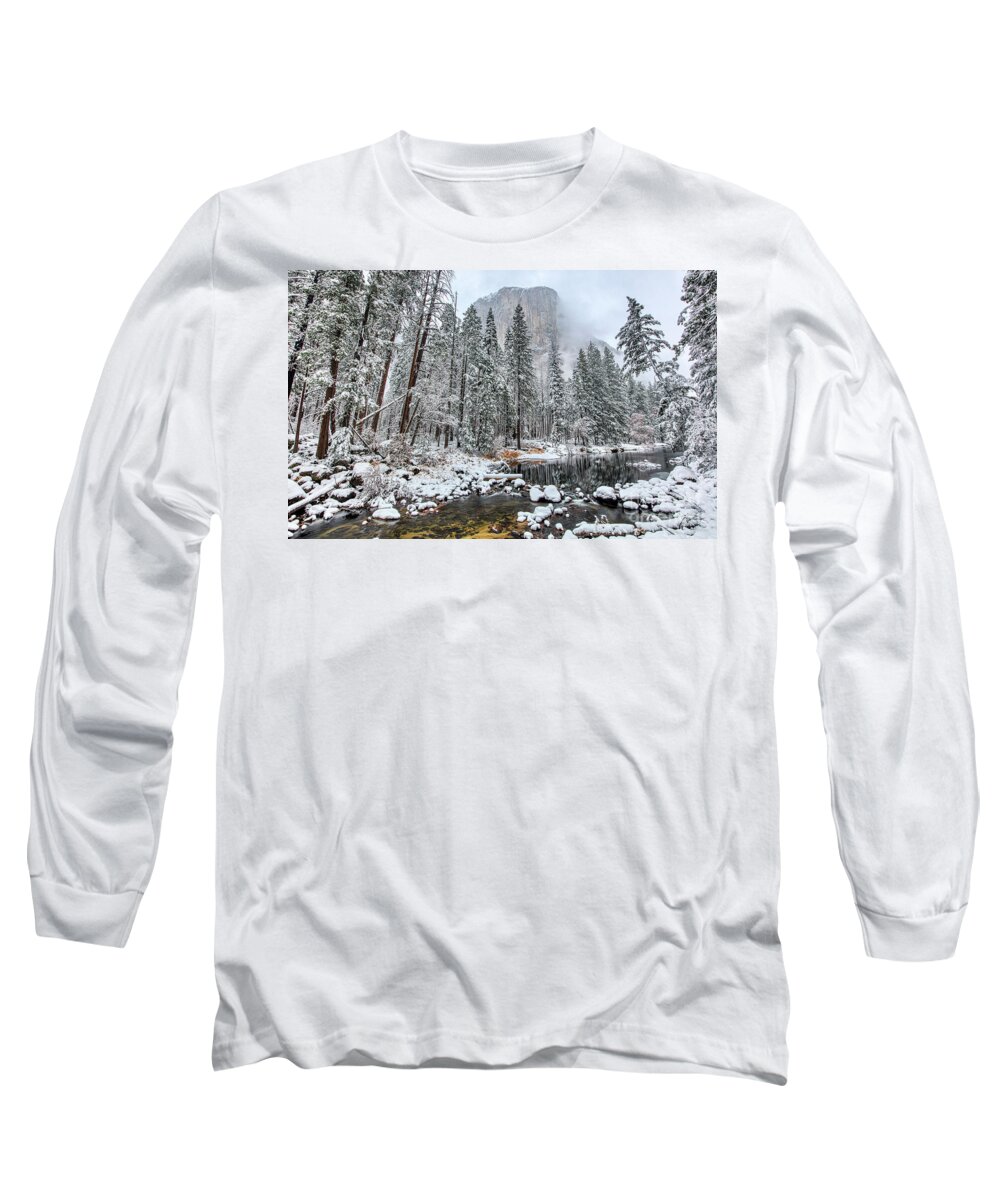 El Capitan And The Merced River Snow In Yosemite National Park Long Sleeve T-Shirt featuring the photograph El Capitan and The Merced River with Snow in Yosemite National Park by Dustin K Ryan