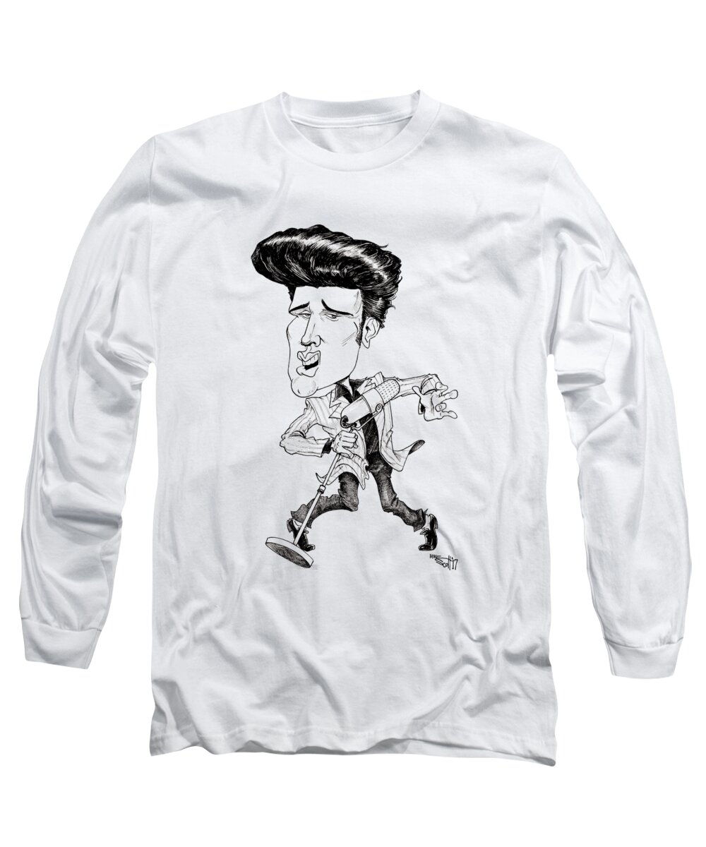 Caricature Long Sleeve T-Shirt featuring the drawing Elvis Presley by Mike Scott
