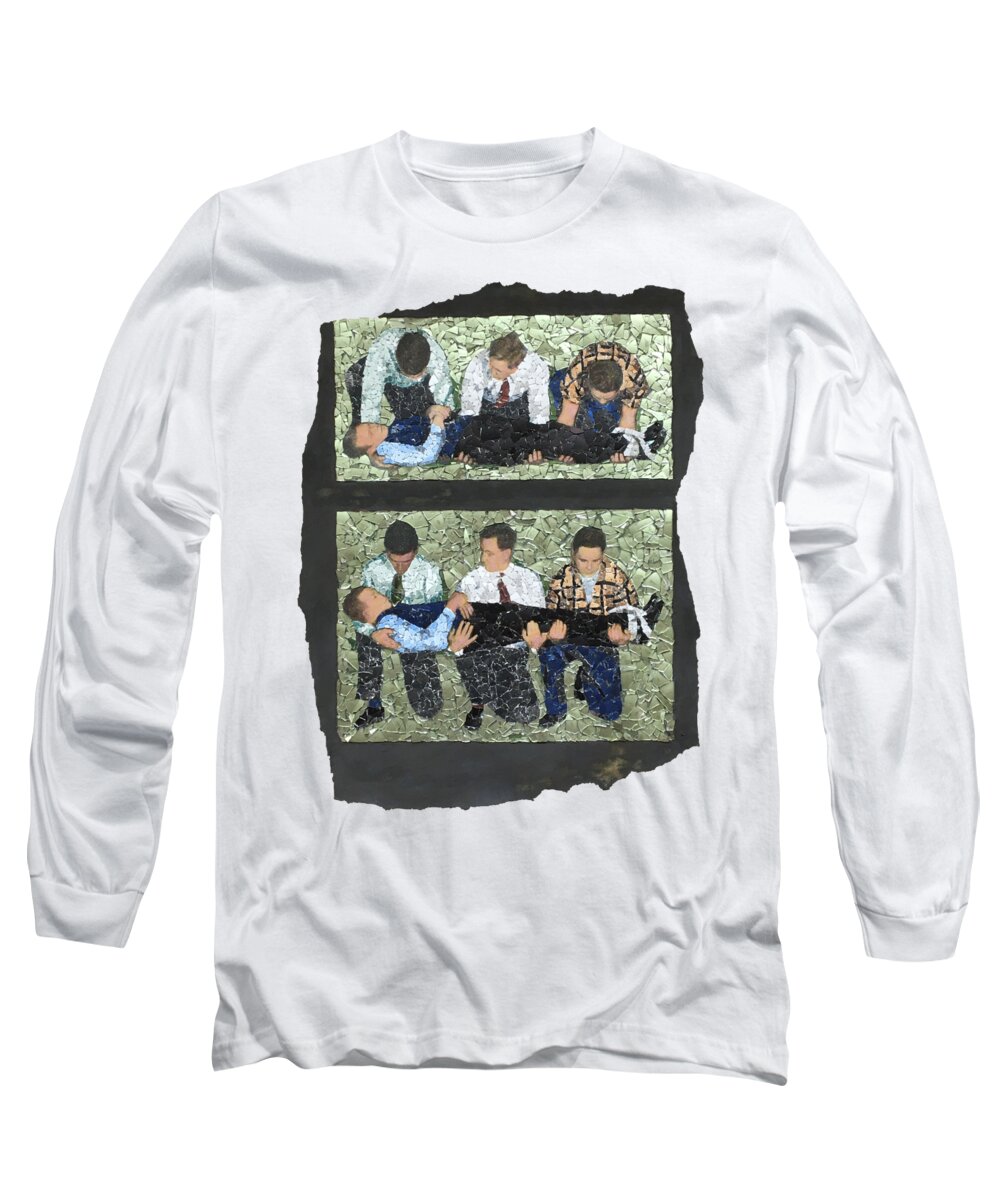 Men Long Sleeve T-Shirt featuring the mixed media Fig 104 A, B. Patient resting on bearers's knees. by Matthew Lazure