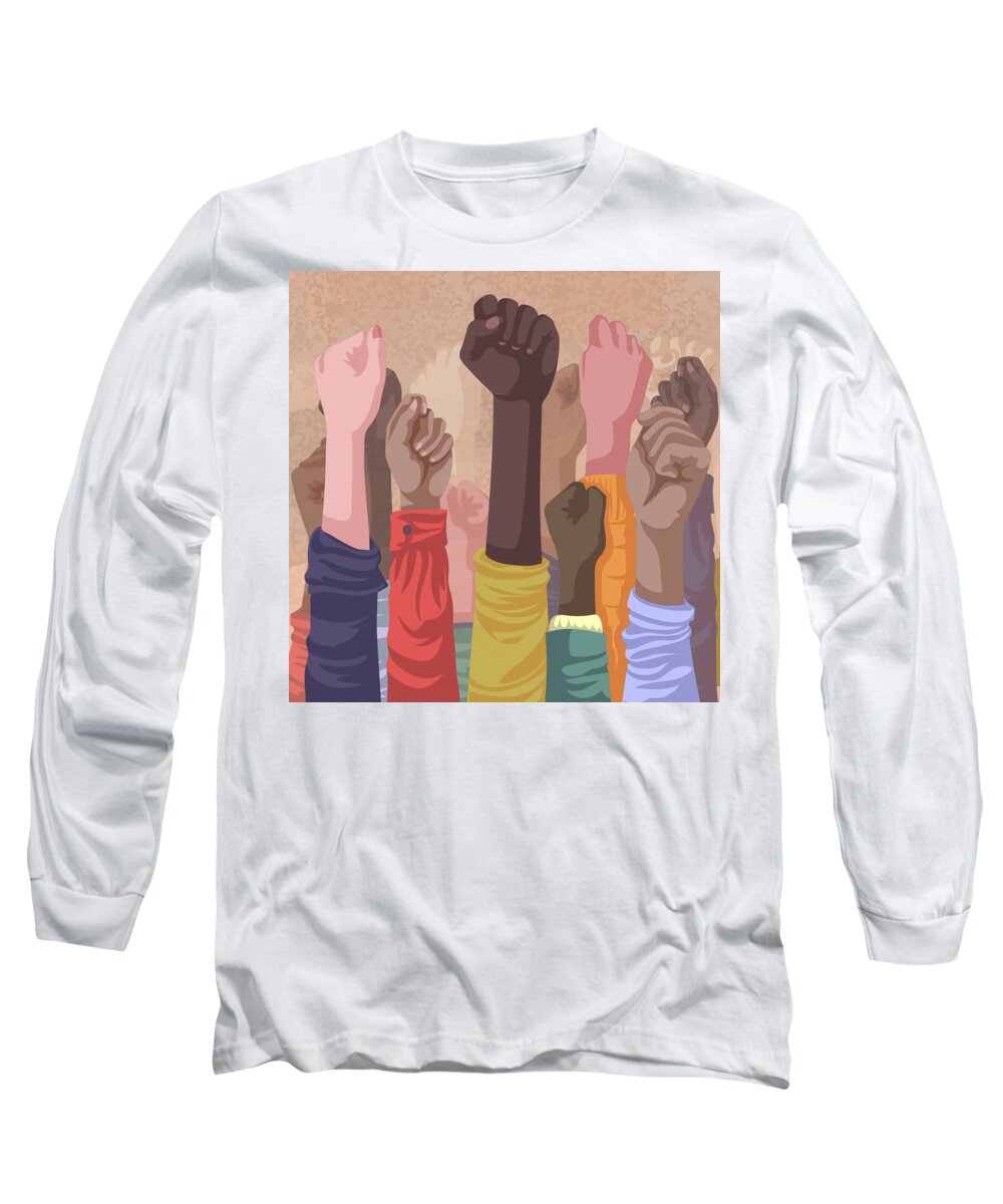 Celebrate Long Sleeve T-Shirt featuring the drawing Fist hands up of different types of skins, multiracial raised fists concept art print by Mounir Khalfouf