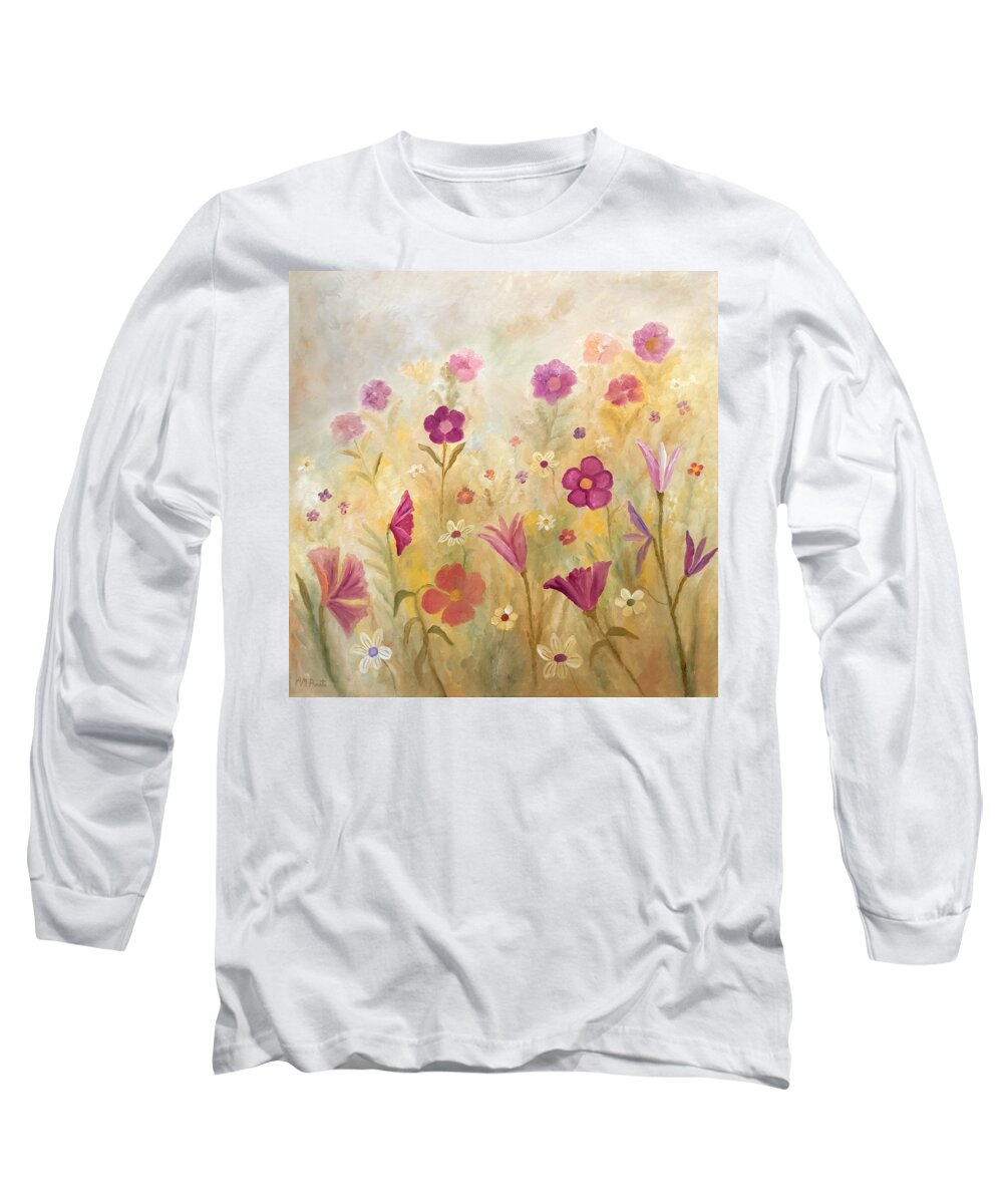 Wild Flowers Long Sleeve T-Shirt featuring the painting Flowers In The Mist by Angeles M Pomata