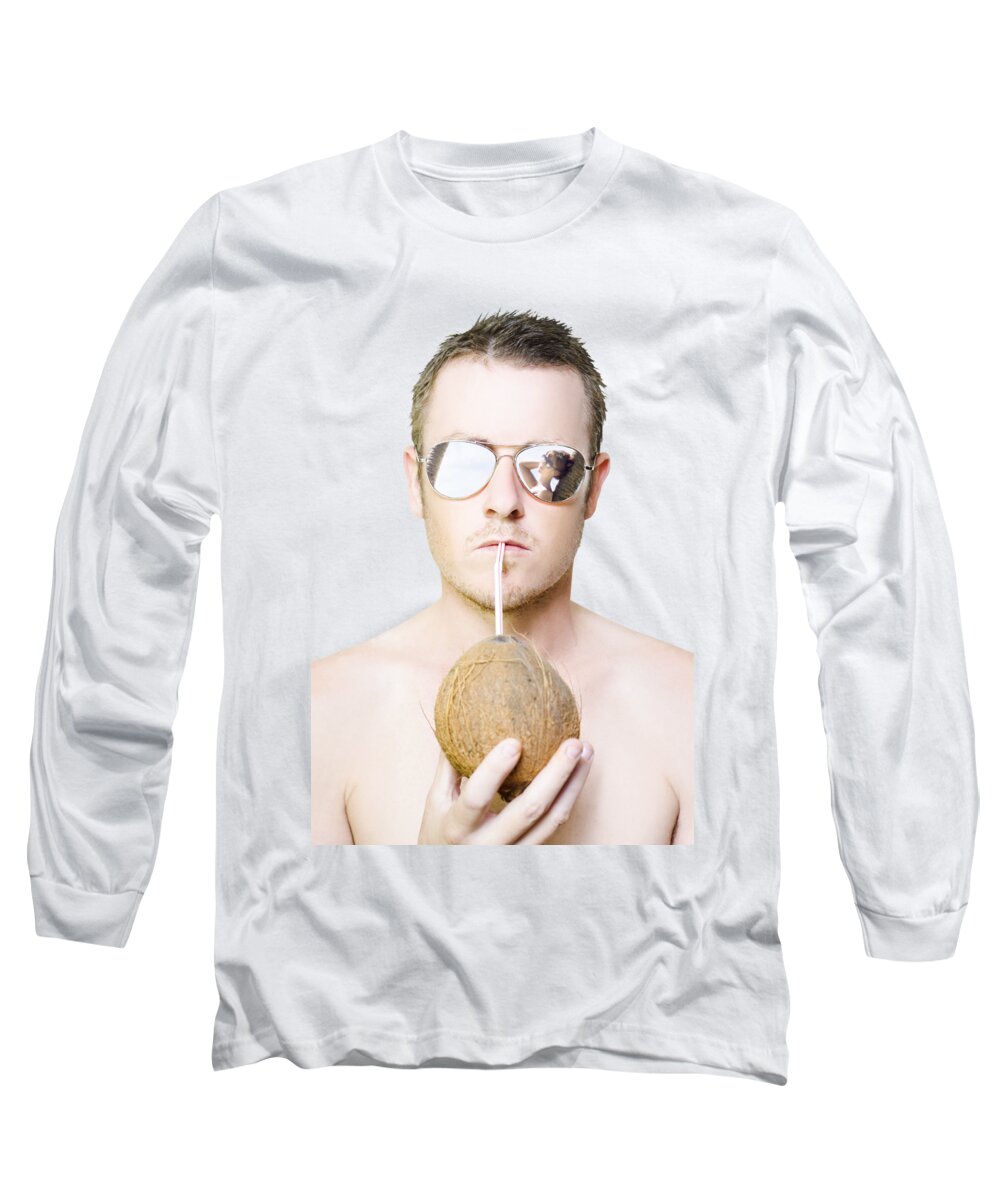 Island Long Sleeve T-Shirt featuring the photograph Handsome summer man drinking coconut cocktail by Jorgo Photography