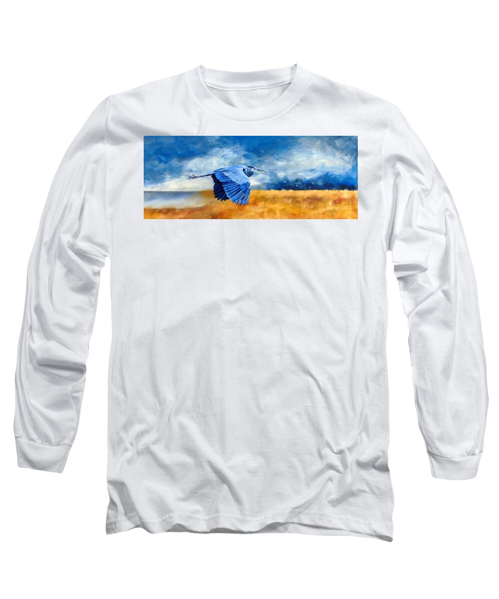 Heron Long Sleeve T-Shirt featuring the painting Heron Over Grassland by R J Marchand