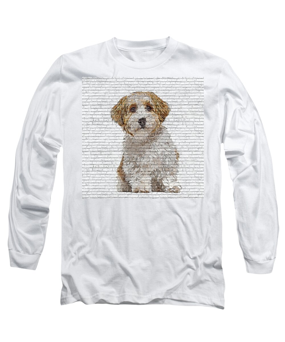 Angel Long Sleeve T-Shirt featuring the painting How Cute, Havanese Puppy Dog - Brick Block Background by Custom Pet Portrait Art Studio