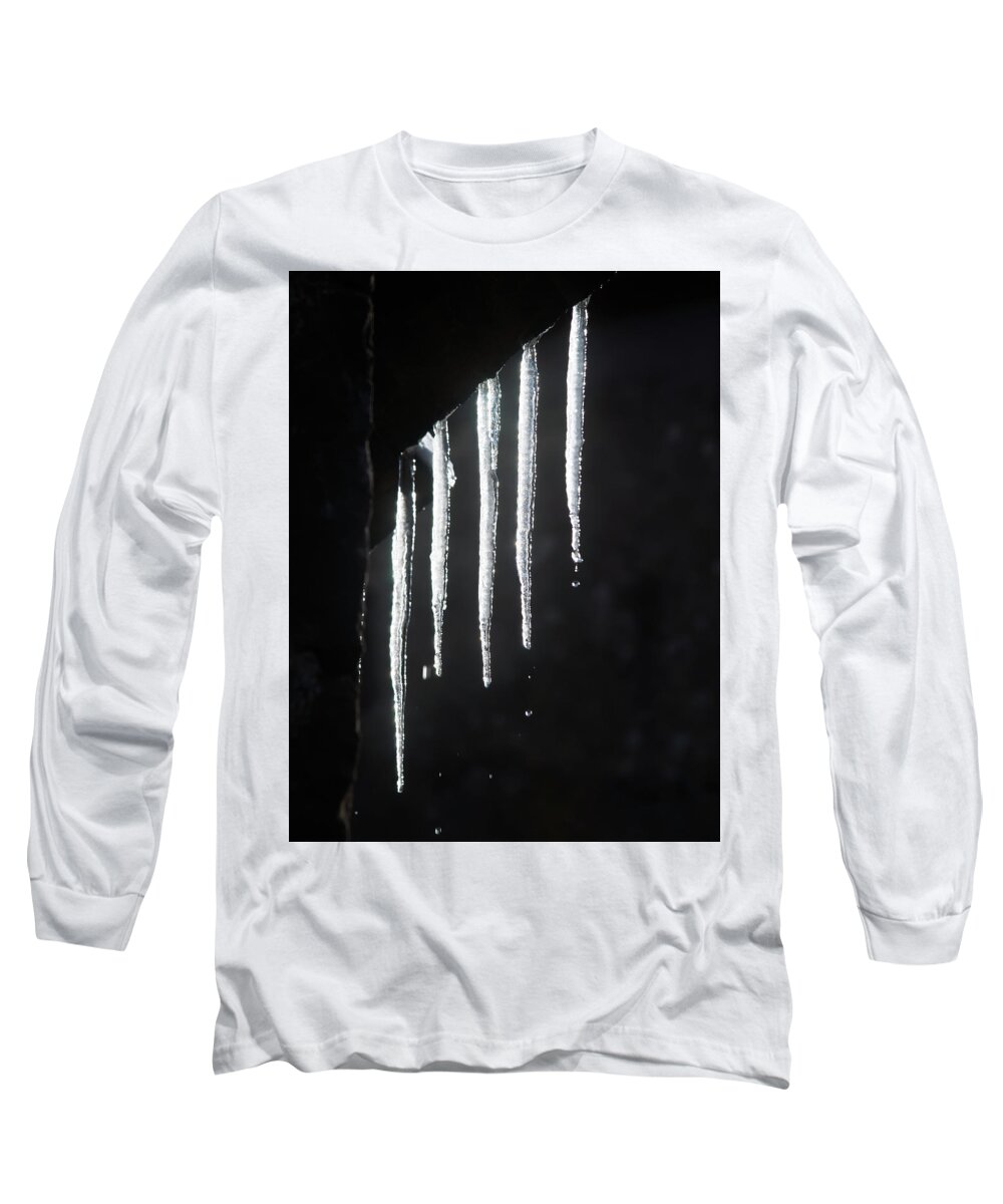 Volvic Long Sleeve T-Shirt featuring the photograph Ice stalactites glow in the sunlight by Jean-Luc Farges