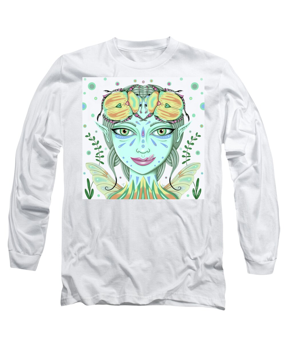 Fantasy Long Sleeve T-Shirt featuring the digital art Insect Girl, Scarabella - Sq.White by Valerie White