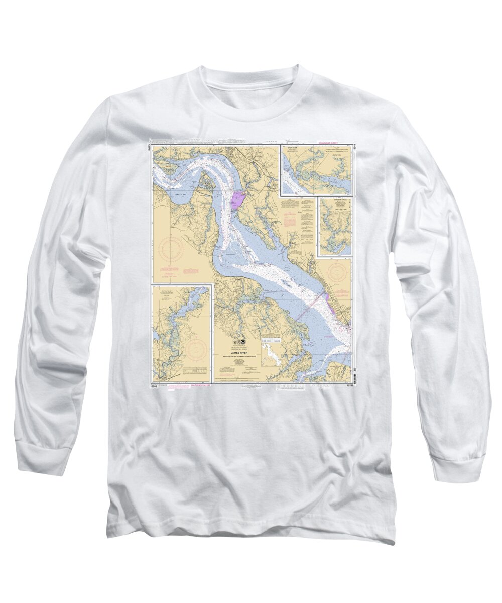James River Newport News To Jamestown Island Long Sleeve T-Shirt featuring the digital art James River Newport News to Jamestown Island, NOAA Chart 12248 by Nautical Chartworks