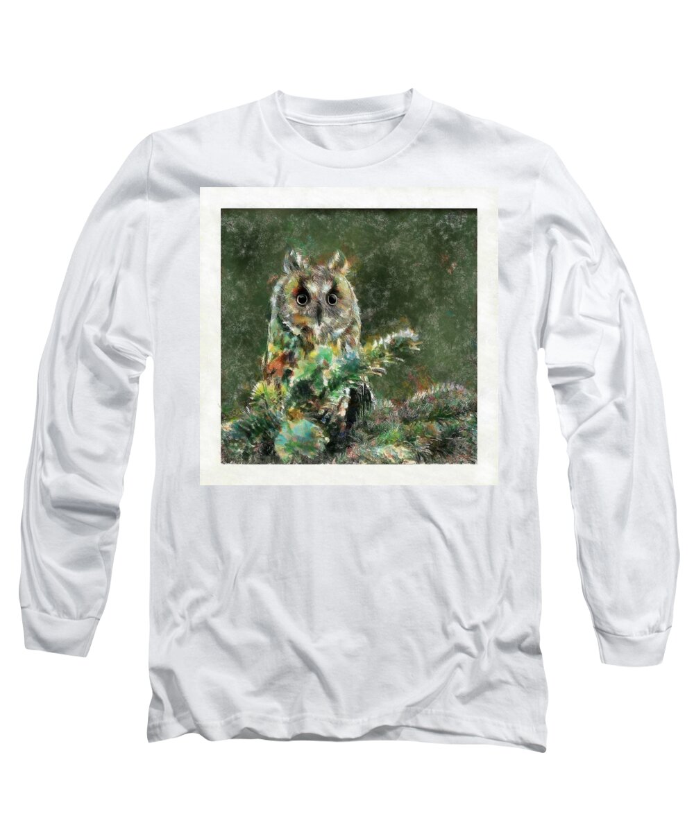 Oil Long Sleeve T-Shirt featuring the painting Long-eared Owl by Maciek Froncisz