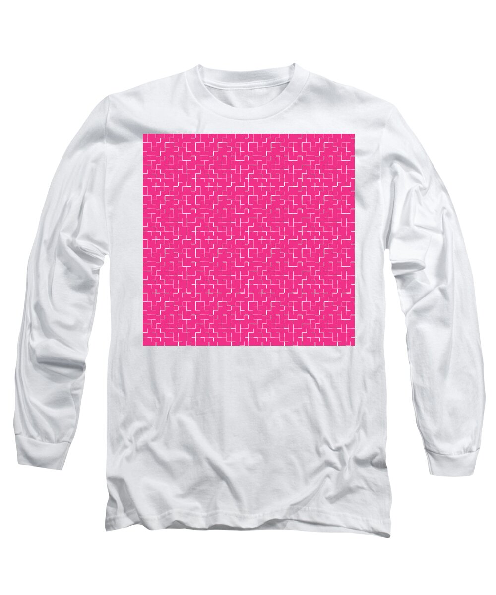 Nikita Coulombe Long Sleeve T-Shirt featuring the painting Magenta Abstract Geometric Tile Pattern by Nikita Coulombe