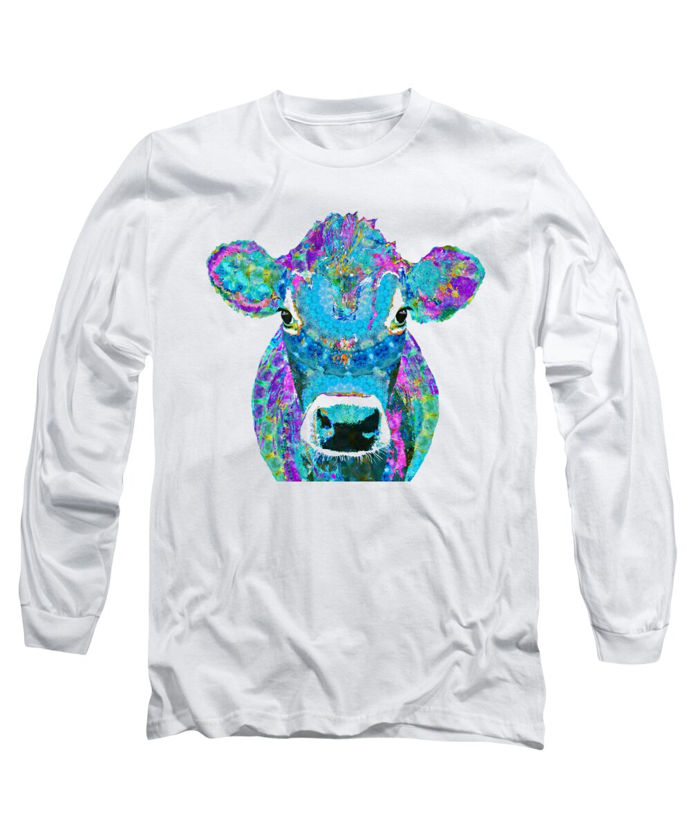 Jersey Cow Long Sleeve T-Shirt featuring the painting Mandala Blue Moo - Jersey Cow Art - Sharon Cummings by Sharon Cummings