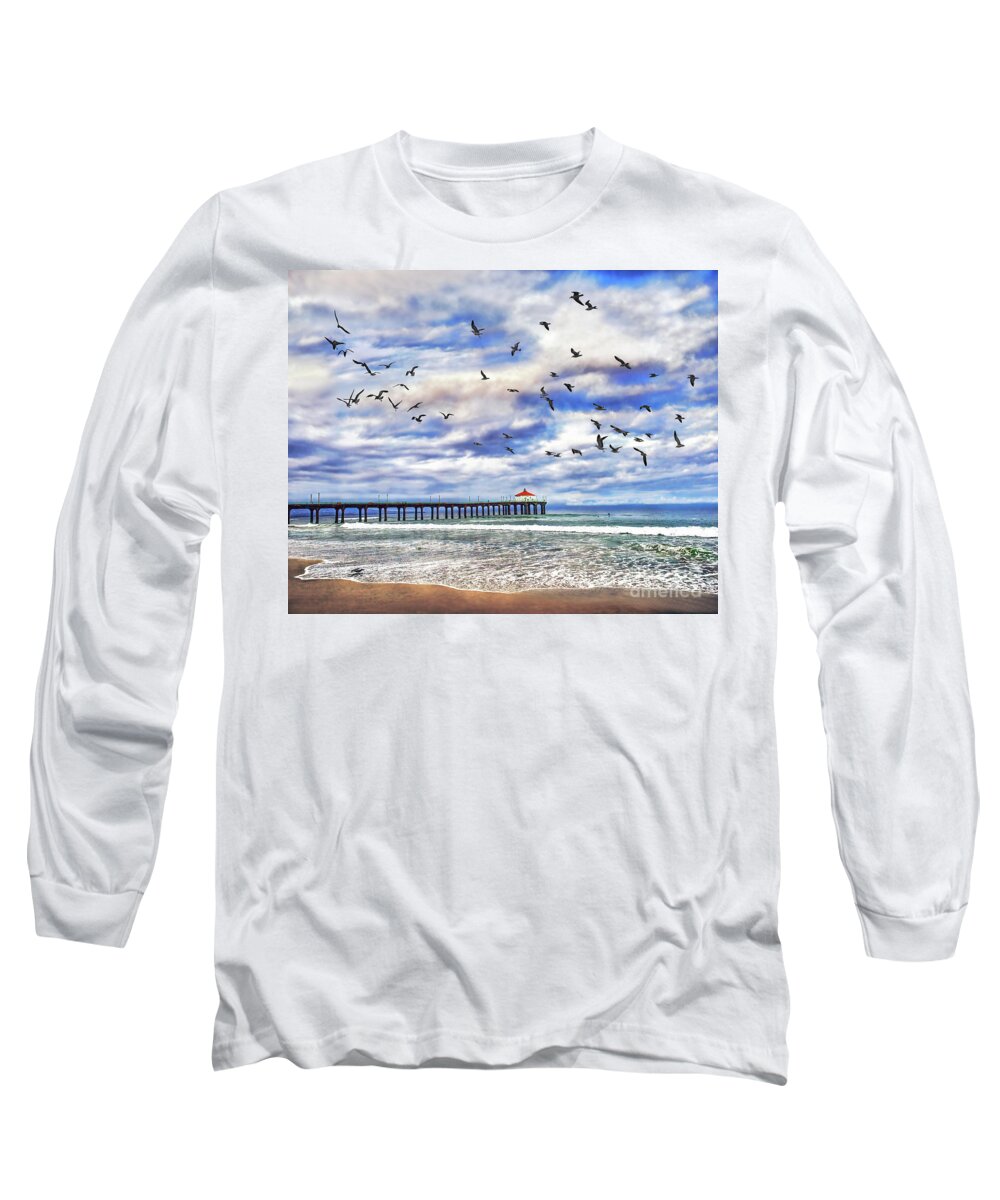 Gulls Long Sleeve T-Shirt featuring the photograph Manhattan Beach Pier And Seagulls, Sunrise, California by Don Schimmel