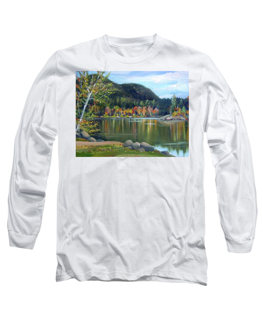 White Mountains Long Sleeve T-Shirt featuring the painting Mirror Lake in Woodstock New Hampshire by Nancy Griswold