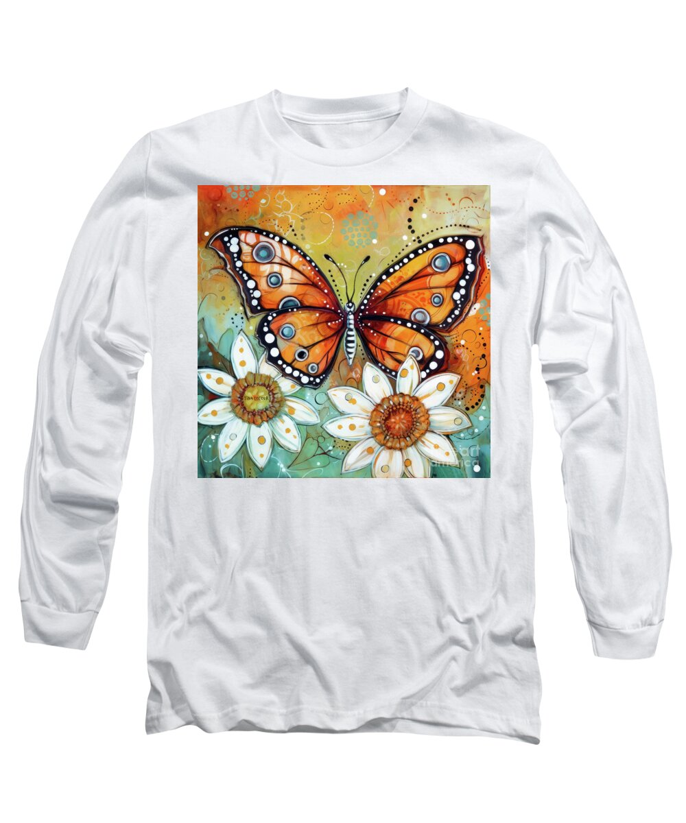 Monarch Butterfly Long Sleeve T-Shirt featuring the painting Monarch In The White Daisies by Tina LeCour