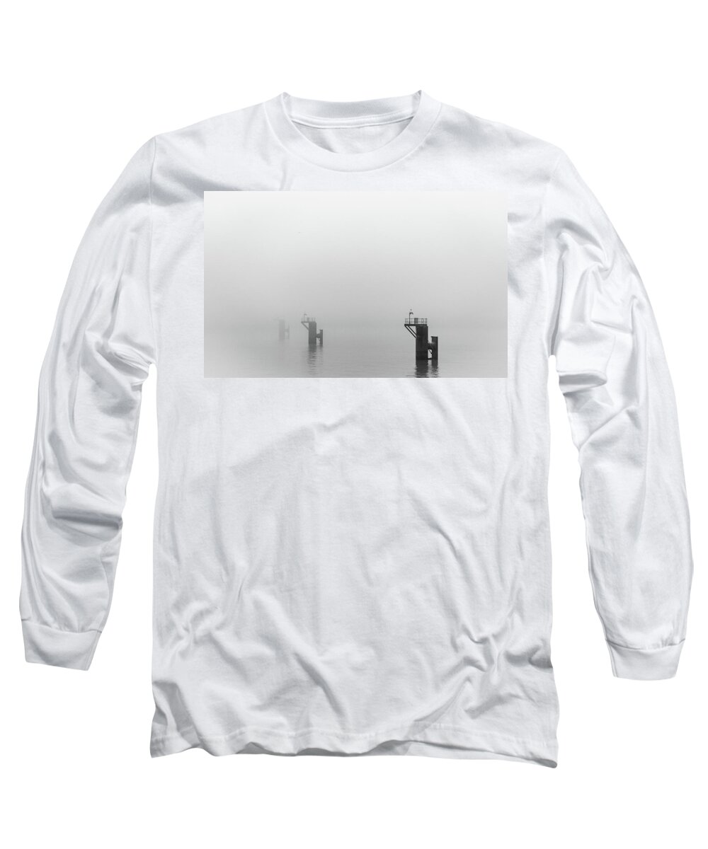 Mooring Long Sleeve T-Shirt featuring the photograph Mooring Dolphins in the Fog by Gavin Lewis