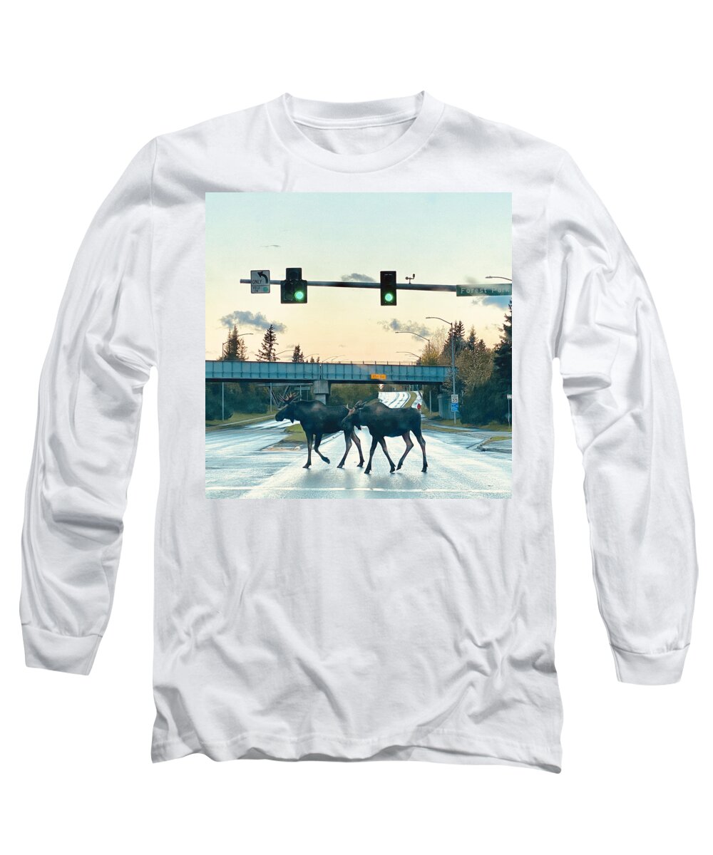 Usa Long Sleeve T-Shirt featuring the photograph Moose crossing by Annekathrin Hansen