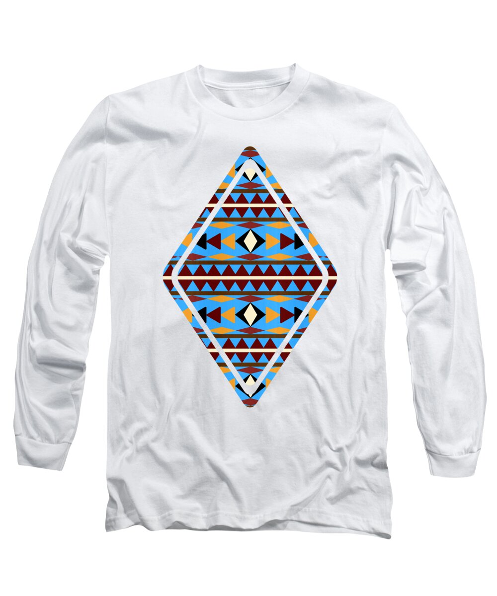 Navajo Long Sleeve T-Shirt featuring the mixed media Navajo Blue Pattern Art by Christina Rollo