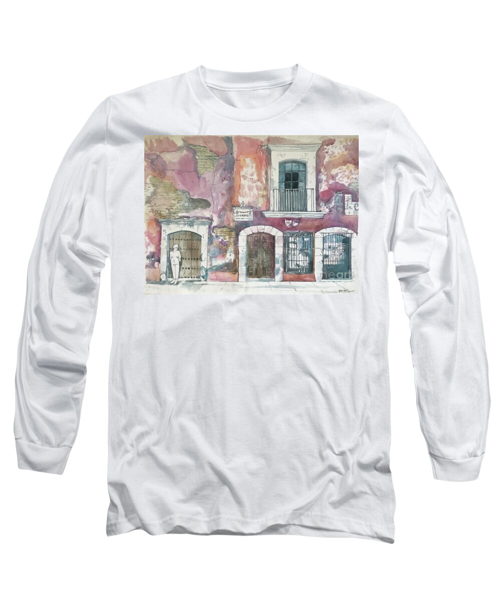 #oaxaca #street #streetscene #wall #doors #windows #watercolor #watercolorpainting #glenneff #picturerockstudio #thesoundpoetsmusic Long Sleeve T-Shirt featuring the painting Oaxaca Street by Glen Neff