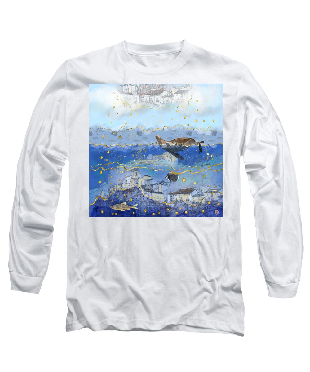 Global Warming Long Sleeve T-Shirt featuring the digital art On Earth As It Is In Heaven? Sea levels rising awareness by Andreea Dumez